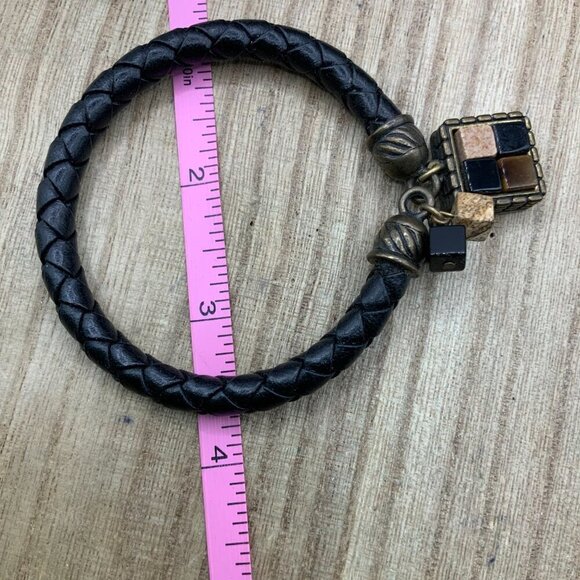 Chico's Braided Leather Tiger Eye Onyx Charms Cuff Bracelet - Picture 3 of 6